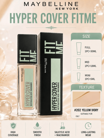 Maybelline مايبلين كريم أساس مخصص نسخة خالية من العيوب 202، حجم كامل 30 مل، عينة 18 مل، قوام خفيف وملتصق، تغطية عالية، ارتداء طويل الأمد، مقاوم للبهتان
