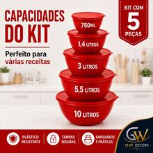 Kit Bowl 5 Peças com Tampa Bacia Plástica até 10 Litros Saladeira Grande Tigelas Multiuso para Cozinha Potes para Armazenar Alimentos Preparar Receitas Servir Saladas Frutas Massas Organizador de Cozinha Resistente Prático Empilhável Diversas Cores e tamanhos Excelente Qualidade Uso Diário Casa - Vermelho - Visão 5