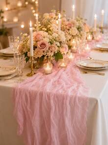 Pink Layered Gauze Table Runner, Soft Semi-Transparent Cheesecloth With Vertical Pleats, Lightweight Semi-Transparent Tablecloth, Romantic Draping Decorative Centerpiece Cloth, Suitable For Dining Table And Home Decor - Pink - View 7