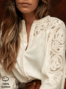 Women's Solid Color Blouse, Delicate Lace Sewing Details, Showcasing Romantic Elegance, Fabric, Elegant Apricot Color Ladies Shirt Spring - Apricot - View 1