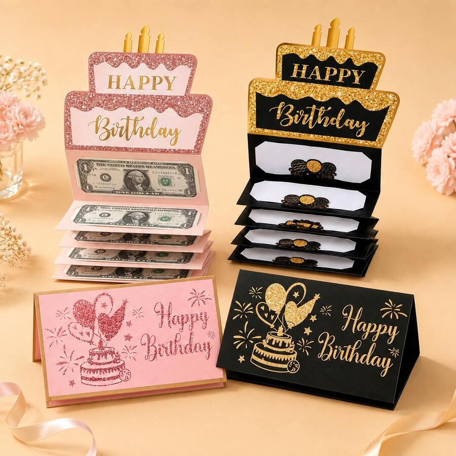 1 Set/4 Sets Pink & Black Glitter Birthday Money Pull Card, Cake-Shaped Foldable Cash Gift Box, Birthday Party Surprise Money Pull Greeting Card Gift Supplies - Multicolor - View 1