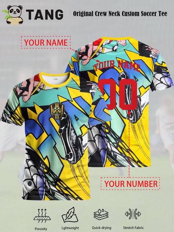 Brazil Style Customized Men's Soccer Jersey & Customizable Name & Number & Round Neck Soft Lightweight Sports Top & Training, Daily, Gift