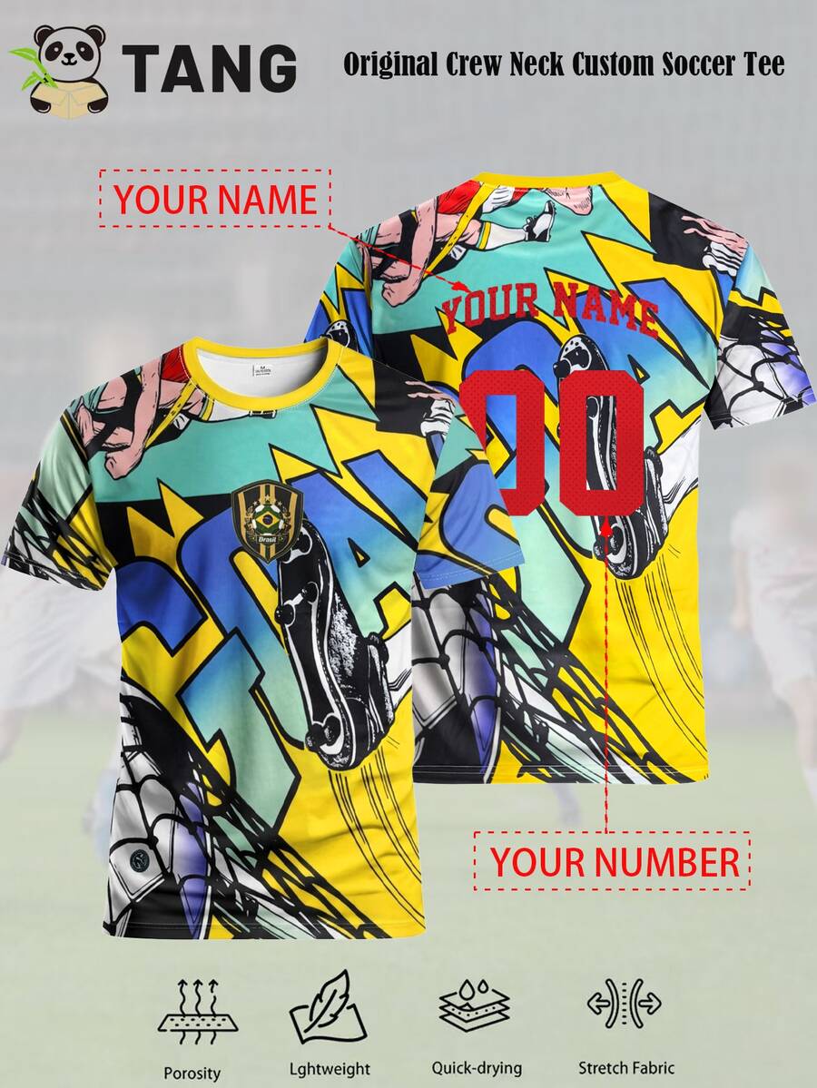Men Custom Brazil Graffiti Print Soccer Jersey, Personalized Name Number Football Shirt Fan Gear Training Match Daily Gift