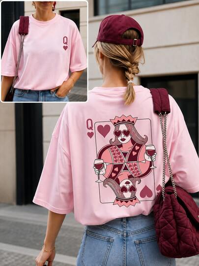 Camiseta Queen of Hearts Unissex Preta | Estampa Carta Rainha de Copas | Camiseta Algodão Estilosa Casual Geek Fashion