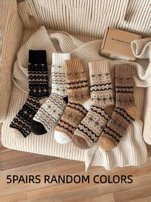 1/5 Pairs Fer Island Warm Mid-Calf Ring Buckle Socks, Thickened Socks, Vintage Couple Style - Multicolor - View 10