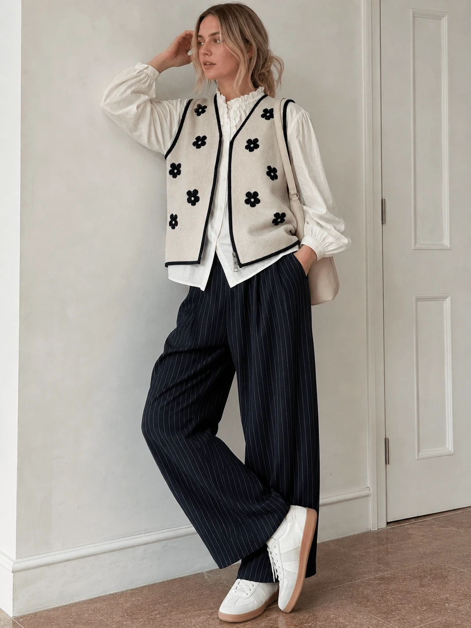Women's Autumn/Winter Floral Pattern V-Neck Knit Cardigan Vest, Simple Casual Sweater Top, Versatile Style - Beige - View 1