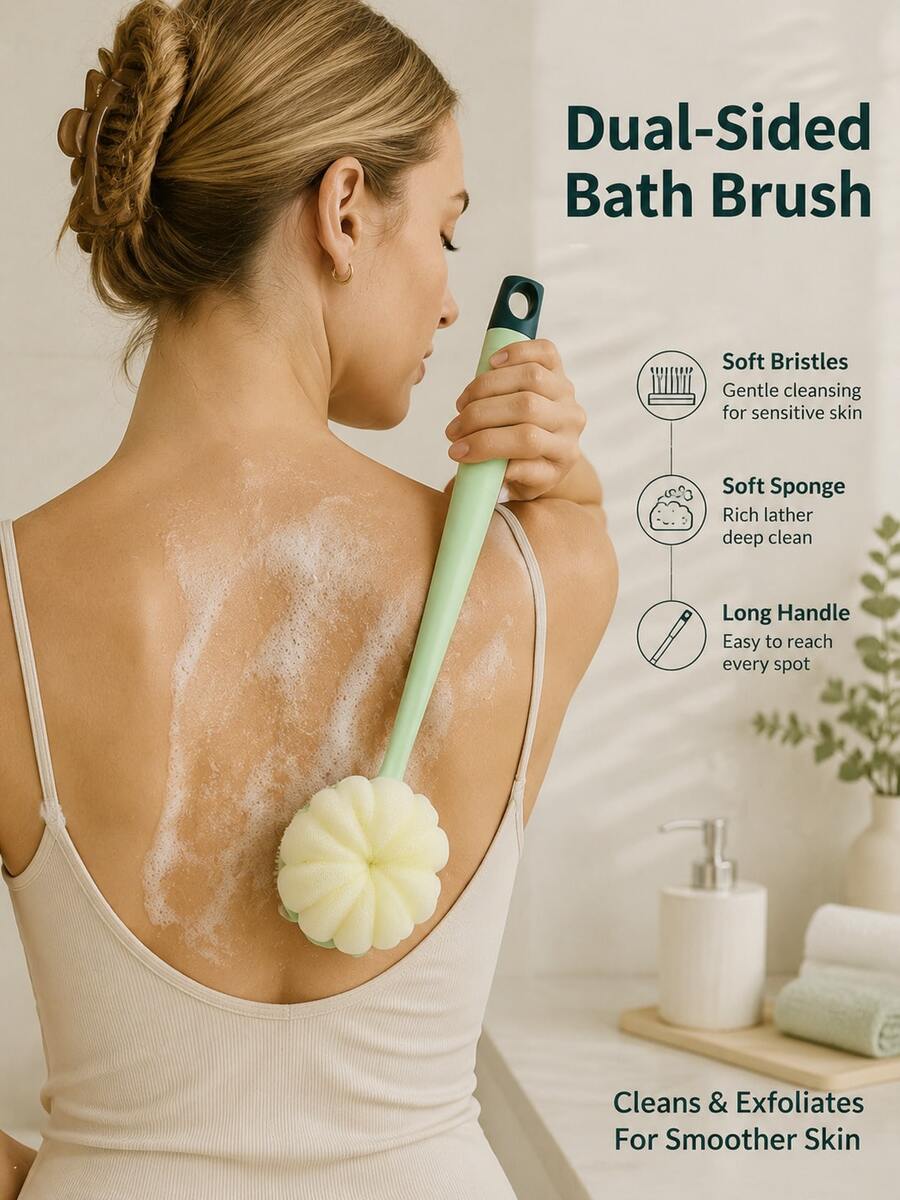 Double-Sided Bath Brush, Suitable For Body And Back Scrubbing (Long Handle, Soft Bristles) - Long Handle Bath Brush, Powerful Exfoliating Multi-Function Cleaning Brush, Soft Bristles, Non-Slip Handle, Suitable For Hard-To-Reach Areas - Multicolor - View 1
