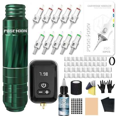 Poseidon Tattoo Pen Set, Wireless Tattoo Kit With 1200mAh Rechargeable Battery, Complete Tattoo Gun Set, Includes Tattoo Machine, 10 Cartridge Needles, 40 Ink Cups, Suitable For Beginners And Artists, Holiday Gift