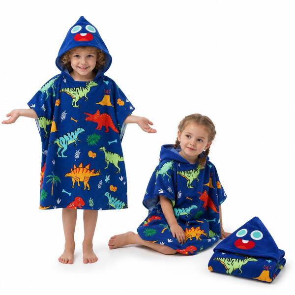 nerd hunters Kids Hooded Poncho Towel - Blue Dinosaur