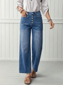 New Women's Jeans Buttoned Elastic Loose Denim Cropped Pants - 淺色水洗藍 - 查看 8
