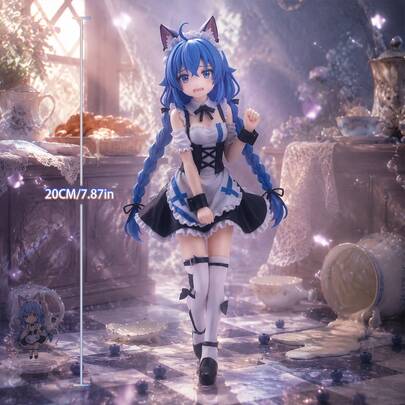 1pc 20cm Elegant Cat Maid Anime Girl Figure PVC Blue Twin Braids Cat Ears Black-White Dress Spilled Tea Scene Collectible Gift For Story Desk Setup