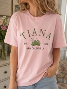 Pink Cotton Round Neck Short Sleeve T-Shirt For Women, Casual Cute Regular Fit Top With Slight Stretch - 粉色 - 查看 1