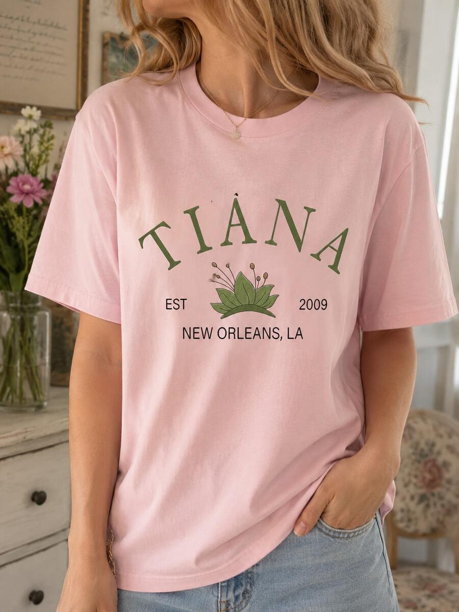 Pink Cotton Round Neck Short Sleeve T-Shirt For Women, Casual Cute Regular Fit Top With Slight Stretch - 粉色 - 查看 1