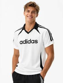 Adidas 男士夏季百搭運動休閒V領短袖翻領 Polo 衫 - 白色/黑色 - 查看 2