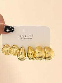 18/6pcs Creative Glossy Fashion Earrings, Bohemian, Shell, Flower, Water Drop Earrings Set Gold, Suitable For Daily Wear - Yellow Gold - View 5