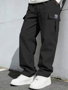 Drawstring Elastic Waist Large Pocket Mid-Length Cargo Shorts, Suitable For Daily Wear And Sports, Black, Autumn - Black - View 2
