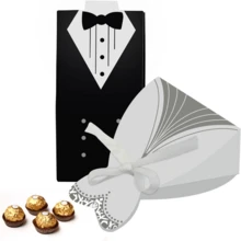 2 Set (Masing-masing 50 pcs) Gaun Pesta Pernikahan, Jas Ekor, Pengantin Wanita, dan Kotak Permen - Hitam dan Putih - View 3
