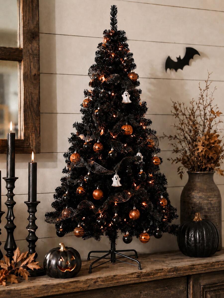 1pc Black Halloween Decorative Tree, Tree Body Only Without Hanging Lights, Black Christmas Tree, Black Holiday Tree, Artificial Pine Needle Tree, Faux Black Pine Tree, Black Pine Branch Tree, Black Tree-Shaped Ornament, Standing Floor Tree With Stand