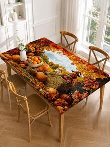 1pc Autumn Harvest Pastoral Halloween Decor Elastic Tablecloth, Rectangular Fitted Dining Table Cover, Suitable For Family Gatherings, Autumn Parties, Kitchen Dining Room And Thanksgiving Decoration - Multicolor - View 7