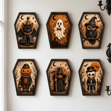 1/6pcs Vintage Coffin Shape Wooden Halloween Table Decor Black Cat Ghost Owl Skeleton Pumpkin Man Relief Plaque Farmhouse Wall Desktop Ornament For Halloween Party Home Shelf Decor Gift - Multicolor - View 5