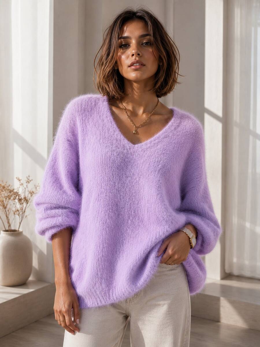 Fashionable New Loose V-Neck Sweater - 3/4 Sleeve Design Short Sweater, Soft Fabric, Solid Color Polyester Velvet Women Oversized V-Neck Sweater For Home & Daily Wear, Autumn/Winter - New Year Essential - Lilac Purple - View 1
