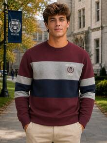 Men's Collegiate Style Rugby Color Block Striped Crew Neck Sweatshirt, HILLSIDE PREP Logo Graphic Long Sleeve Casual Pullover - Multicolor - View 2