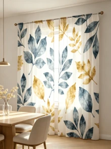 2PCS Botanical Leaf Print Sheer Curtains, Blue And Gold Leaves Pattern Window Panels, Lightweight Voile Curtains, Light Filtering Rod Pocket Drapes For Living Room Bedroom Home Decor - Multicolor - View 9