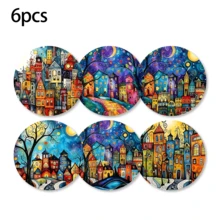6pcs, Small Town Pattern Printed Diatomaceous Earth Coasters, Absorbent Drink Coasters, Coffee Cup Coasters, Mug Coasters, Tea Cup Coasters, Desktop Protection Pads, Suitable For Dining Table, Coffee Table, Bar Counter And Office Desk Decoration - Multicolor - View 14