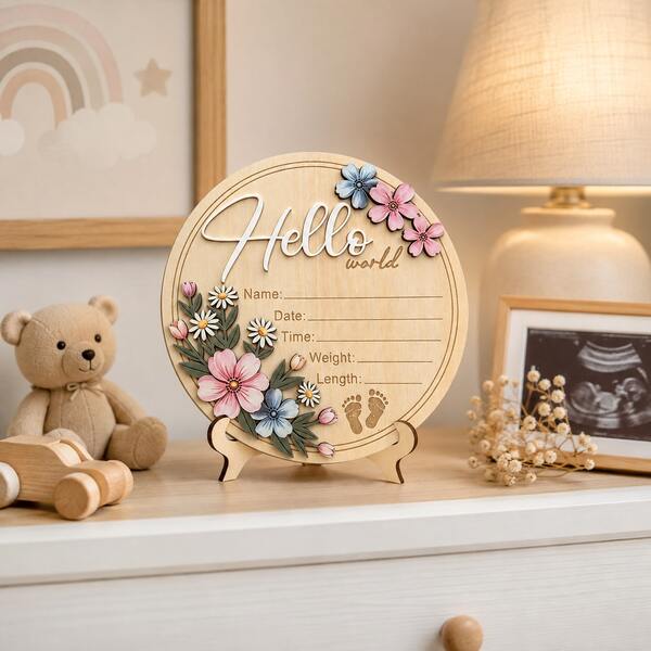 Newborn Birth Information Record Plaque 15cm Round Wooden Hello World Commemorative Sign Floral Baby Name Date Height Weight Handwritten Board Full Moon 100 Days Photography Prop Nursery Desktop Decor Newborn Gift