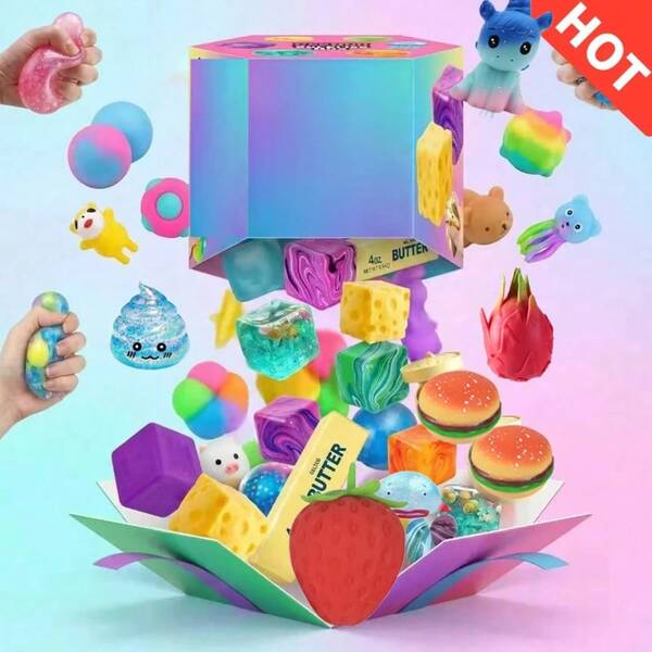 Tachimi 1 pieza Caja de Sorpresa de Juguetes para Niños, Paquete de Juguetes Sensoriales para Aliviar el Estrés con Cubo de Queso, Medusa, Pulpo y Pelotas de Rebote Lento para Apretar, Caja de Regalo de Juguetes Suaves y Coloridos para Niños y Niñas, Favor de Fiesta de Cumpleaños para Niños, Entrega en Bolsa, Enviado al Azar