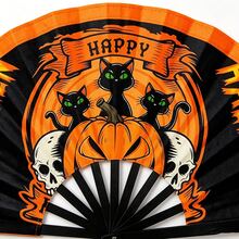 Halloween Themed Handheld Folding Fan, Black Plastic Ribs, Printed With Pumpkin Lantern/Skull/Green-Eyed Black Cat And "HAPPY MEOW-O-WEEN" Pattern, Holiday Accessory, Suitable For Daily Cooling And Holiday Theme Party Use - Multicolor - View 6