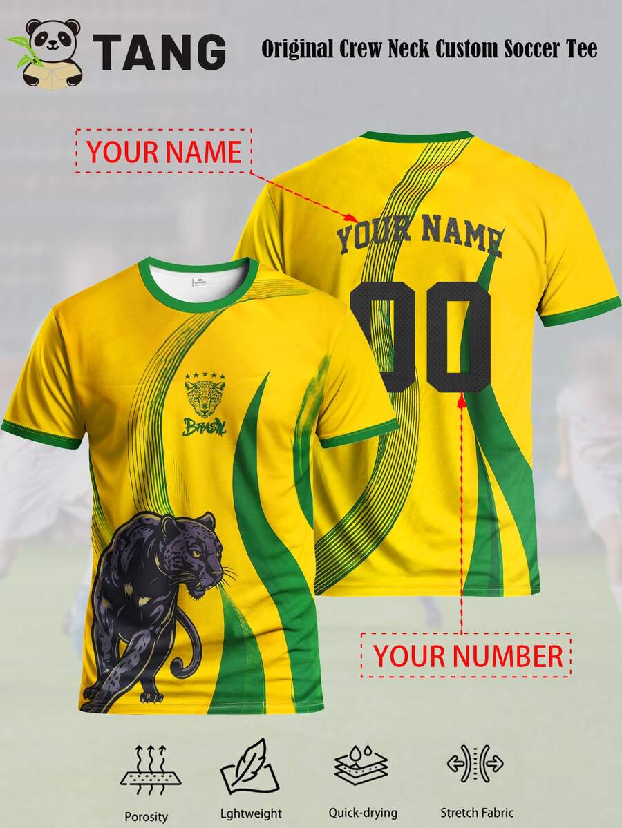Brazil Style Customized Men's Soccer Jersey & Customizable Name And Number & Round Neck Soft Lightweight Sports Top & Training, Daily, Gift