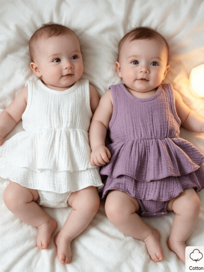 2pcs/Set, Baby Girl, Casual Elegant Fashion, Soft Comfortable, Cute Solid Color Cake Layered Ruffle Bodysuit Dress, Baby Girl Clothing, Baby Supplies, Newborn Baby Girl Clothing, Baby Clothing, Baby Girl Clothing Set, Suitable For Daily Wear, Vacation, Party, Home Wear, Photography, Outdoor Activities