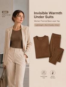 2pcs/Set Women Seamless Thermal Underwear Set Shapewear Body Sculpting Slimming Base Layer Long Sleeve Top & Pants Ultra Thin Warm Loungewear Home Wear Casual Outfit, Invisible Comfortable Stretchy Innerwear Skin Friendly Daily Wear For Fall Winter - Chocolate Brown - View 11