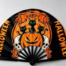 Halloween Themed Handheld Folding Fan, Black Plastic Ribs, Printed With Pumpkin Lantern/Skull/Green-Eyed Black Cat And "HAPPY MEOW-O-WEEN" Pattern, Holiday Accessory, Suitable For Daily Cooling And Holiday Theme Party Use - Multicolor - View 5