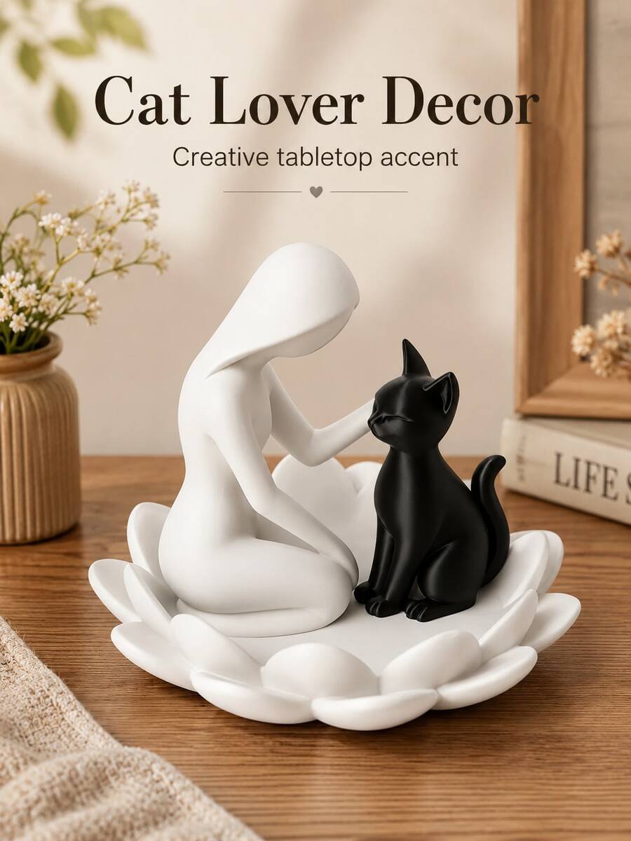 Human And Cat Statue, Modern Black And White 3D Printed Desktop Sculpture, Creative Cat Lover Decor, With Floral Base, Artistic Office Desk Ornament, Suitable For Living Room, Bedroom, Office, Bookshelf, Birthday, Anniversary And Housewarming Gift - Multicolor - View 1