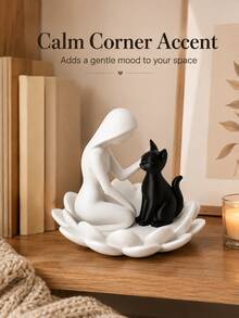 Human And Cat Statue, Modern Black And White 3D Printed Desktop Sculpture, Creative Cat Lover Decor, With Floral Base, Artistic Office Desk Ornament, Suitable For Living Room, Bedroom, Office, Bookshelf, Birthday, Anniversary And Housewarming Gift - Multicolor - View 6
