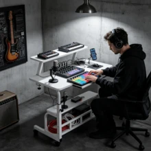 Studio Furniture Adjustable Height Desk, Height Range From 21 To 33 Inches, Music Recording Studio Desk, Standing Desk, Suitable For Home, Office And Studio, Professional Studio, Ergonomic Design Studio And Gaming Desk, Perfect For Home Office - Wood Grain Black - Deluxe Mixing Console - View 10