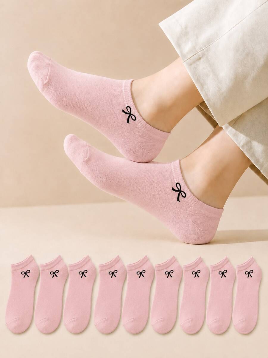 5/10/20 Pares de Meias Curtas Femininas com Estampa de Laço Rosa, Meias Casuais Finas de Verão, Meias de Tornozelo Baixas, Meias de Barco - Rosa chiclete - Visão 1