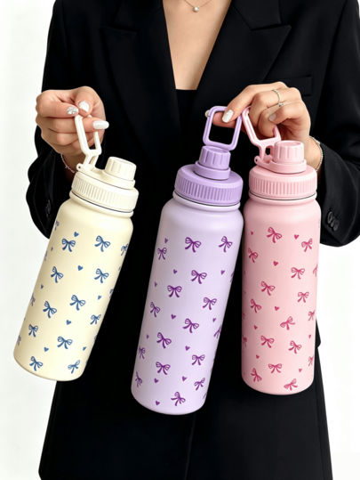 1pc 600ml/20.29oz 800ml/27.05oz 1000ml/33.82oz Heart Bow Double Wall Stainless Steel Insulated Tumbler, Outdoor Sports Water Bottle, Flat Bottom Cup, Water Cup, Tea Pot, Tea Cup, Fitness Sports Water Bottle, Suitable For Office, Outdoor, Home, Birthday Gift, Valentine's Day, Mother's Day Gift, Graduation Season, Back To School Season And Other Holiday Gifts
