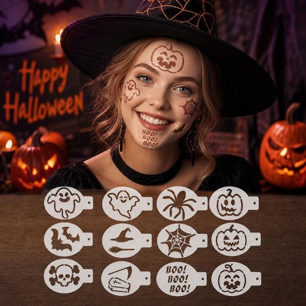 12pcs Oval Hollow Stencil Set With Handle, Transparent White, Halloween Face Painting Stencils, Face Makeup Hollow Stencils, Handmade Spray Painting Stencils, Pumpkin Ghost Bat Skull Classic Halloween Patterns, Thin And Adhering To Skin Without Easy Displacement, Suitable For Party Makeup Face Painting Short Video Creation And Sharing