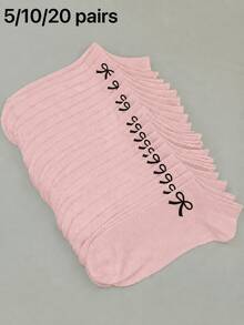 5/10/20 Pares de Meias Curtas Femininas com Estampa de Laço Rosa, Meias Casuais Finas de Verão, Meias de Tornozelo Baixas, Meias de Barco - Rosa chiclete - Visão 2