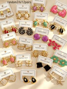 24 piezas de elegantes pendientes de acero inoxidable con diseño geométrico (flor, gota de agua, mariposa, ala). Estos pendientes de acero inoxidable minimalistas y de moda son perfectos para el uso diario de las mujeres y también son un gran regalo para amigas. Pendientes elegantes, set de pendientes, pendientes de otoño. (Se envían al azar) - Multicolor - Ver 2