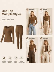 2pcs Women Thermal Underwear Set Seamless Long Sleeve Crew Neck Top & Pants Ultra Thin Warm Solid Color Base Layer, Lightweight Soft Comfortable Loungewear Pajama Outfit Versatile Wear Under Clothes Or As Casual Outerwear For Autumn Winter - Women's Slim Fit Shapewear Base Layer - View 4