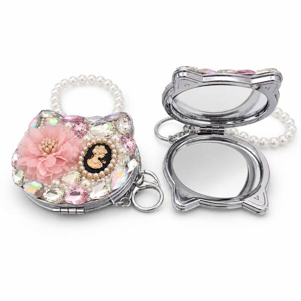 Double-Sided Folding Girls Pocket Mirror, Sparkling Rhinestone Flower Portable Makeup Mirror