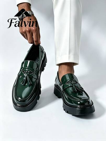 Men's Loafers Thick Sole Height-Increasing Dress Shoes, Made Of PU Leather And Tassel Decoration, Solid Color Low-Top Slip-On Casual Shoes, Suitable For British Style Daily Commute. These Dark Green Business Casual Shoes Are Suitable For Daily Outings, Office Commute, Wedding Banquets And Other Occasions, Can Be Worn All Year Round.