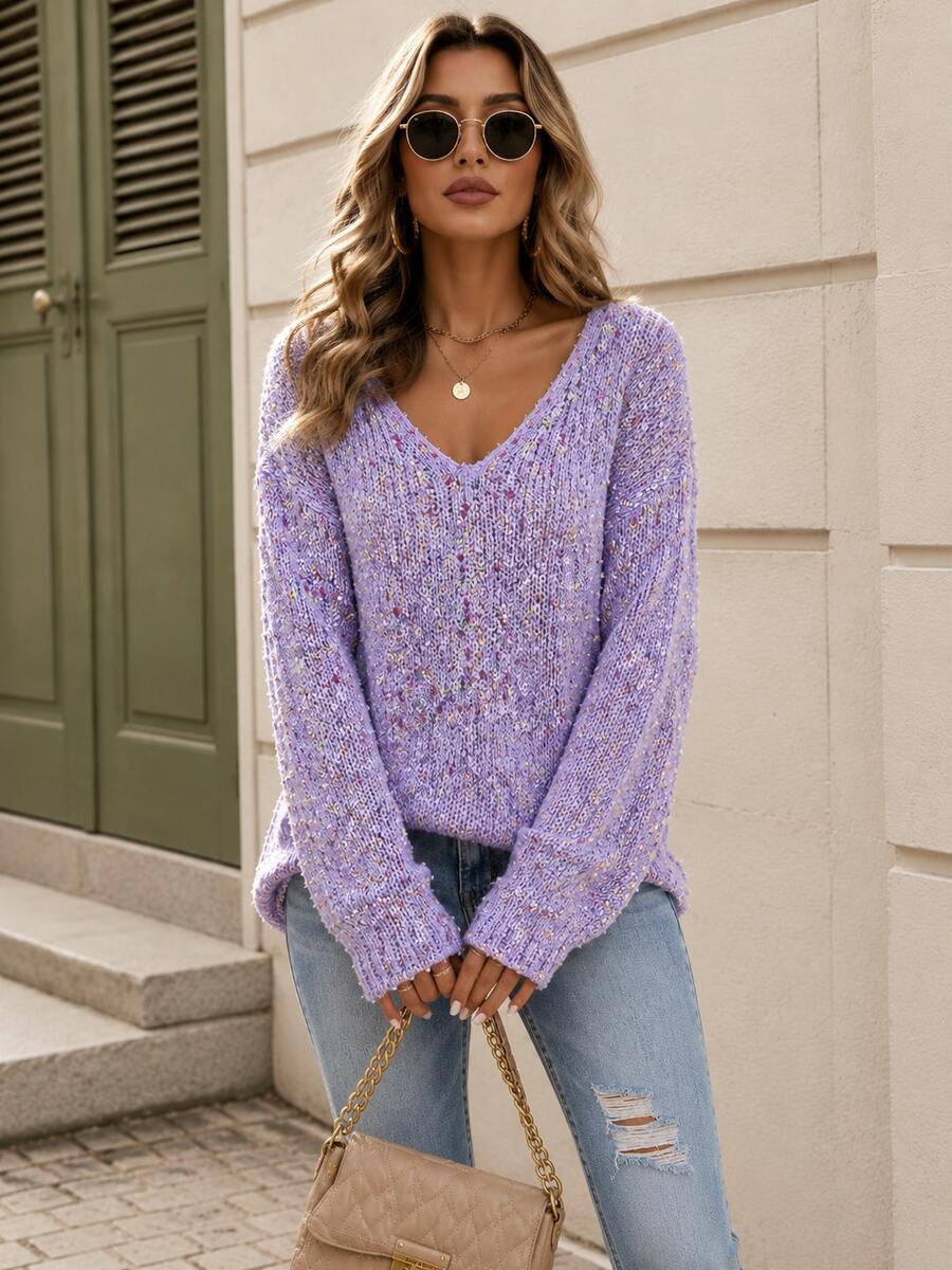 Plus Size Multicolor Confetti Knit V-Neck Long Sleeve Sweater, Women, Medium Stretch, Regular Fit - Soft & Comfortable Versatile Spring Vacation - Lilac Purple - View 1