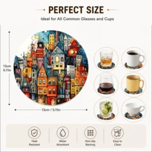 6pcs, Small Town Pattern Printed Diatomaceous Earth Coasters, Absorbent Drink Coasters, Coffee Cup Coasters, Mug Coasters, Tea Cup Coasters, Desktop Protection Pads, Suitable For Dining Table, Coffee Table, Bar Counter And Office Desk Decoration - Multicolor - View 11