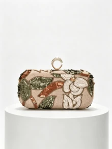 1pc Women's Fashion Retro Evening Bag, Multi-Color Leaf And Floral Pattern Patchwork Cross-Border Mini Square Box Purse, Suitable For Evening News, Party, Shopping, Birthday, Valentine's Day Gift, Random Pattern - Gold - View 6