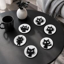 6pcs, Cat Pattern Printed Diatomaceous Earth Coasters, Absorbent Beverage Coasters, Coffee Cup Coasters, Mug Coasters, Tea Cup Coasters, Desk Protection Pads, Suitable For Dining Table, Coffee Table, Bar Counter And Office Desk Decoration - Multicolor - View 2